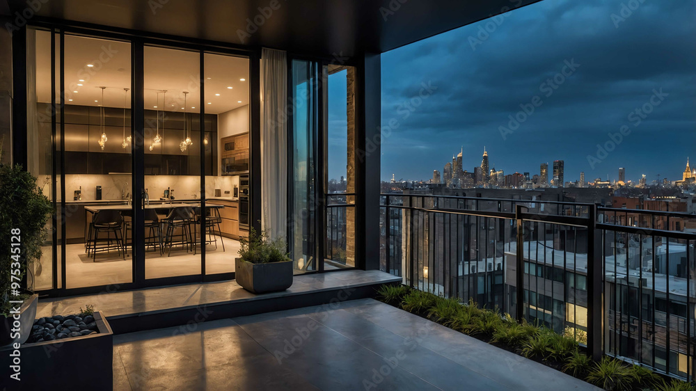 Fototapeta premium Urban townhouse with sleek metal railings and floor to ceiling windows