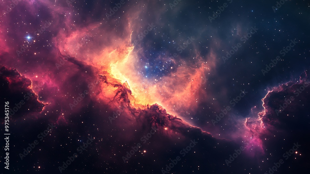 A vibrant nebula with swirling clouds of red, orange, and pink, illuminated by countless stars, with a dense cluster of stars at the center. A vibrant nebula with swirling clouds of red, orange, and pink, illuminated by countless stars, with a dense cluster of stars at the center.