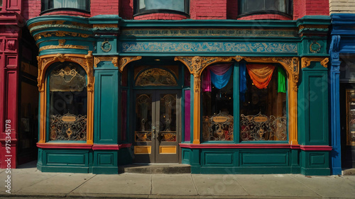 Victorian inspired storefront with ornate trim and colorful window displays