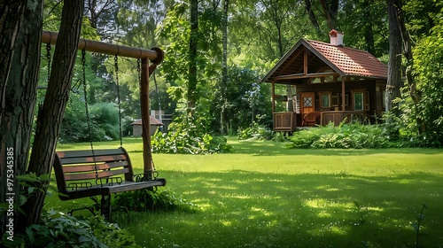 Swing bench near children house in garden with trees and grass