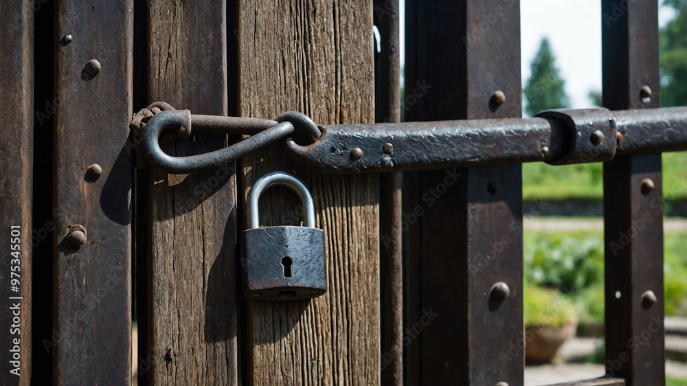 Worn iron lock hanging from a wooden gate in a castle courtyard Worn iron lock hanging from a wooden gate in a castle courtyard