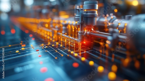 Abstract representation of industrial technology with glowing circuits.