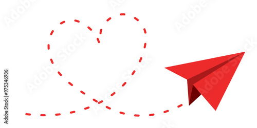 Paper plane red dashed line doodle sketch style drawing. Heart shape Pathway, follow idea. Business or travel design element. Paper aeroplane