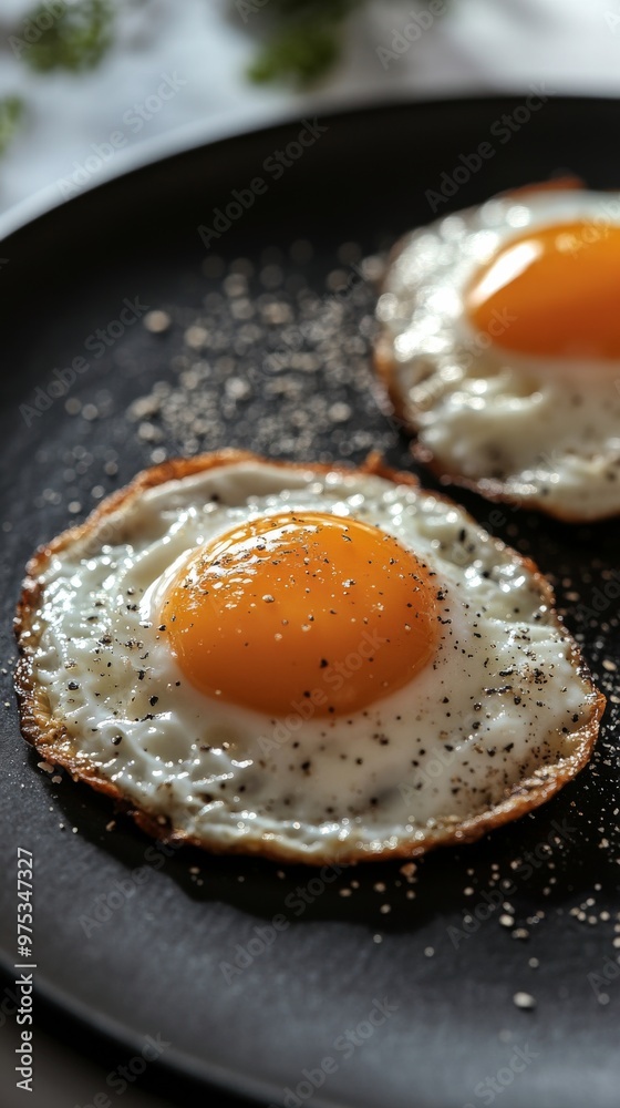 Crispy fried eggs with black pepper on dark plate, breakfast concept Crispy fried eggs with black pepper on dark plate, breakfast concept