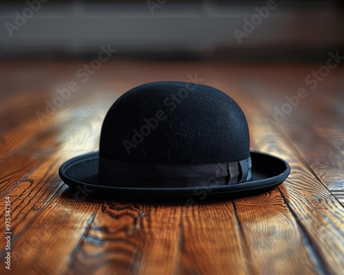 A minimalist image of a classic black bowler hat resting on a polished wooden surface photo