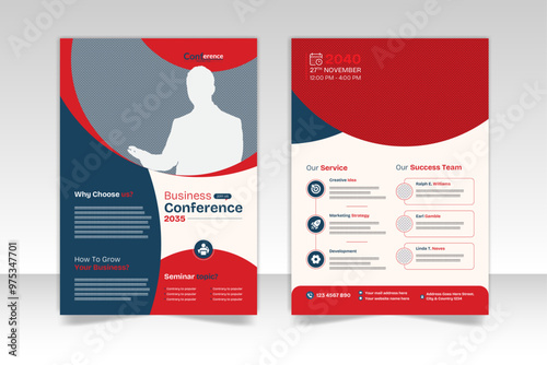 Invitation and conference 2 page flyer template design. Annual corporate business conference workshop. With nice shape