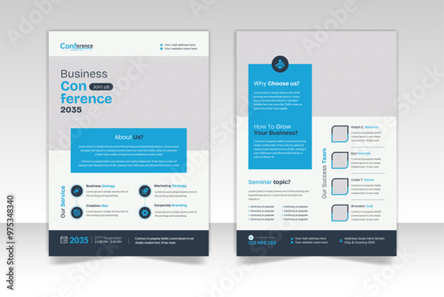 Conference seminar 2 page flyer design with rectangle elements