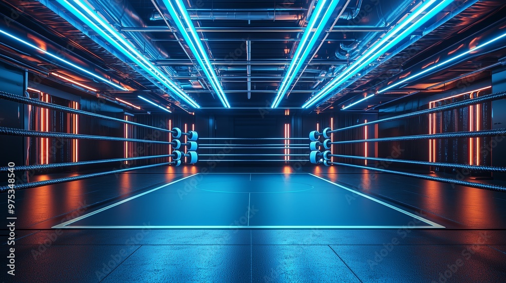 A photo of an empty boxing ring in a high-tech gym, with sleek metal ropes and a glossy black canvas, illuminated by futuristic blue lighting A photo of an empty boxing ring in a high-tech gym, with sleek metal ropes and a glossy black canvas, illuminated by futuristic blue lighting