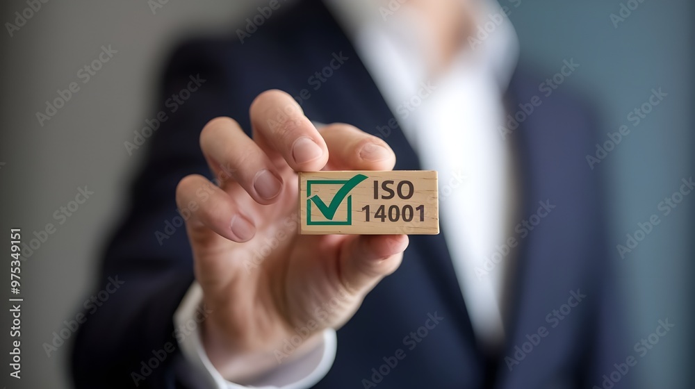 A businessman holding a small wooden block with a green checkmark and 'ISO 14001' written on it. ISO 14001 certified, iso 14001 environmental management system A businessman holding a small wooden block with a green checkmark and 'ISO 14001' written on it. ISO 14001 certified, iso 14001 environmental management system