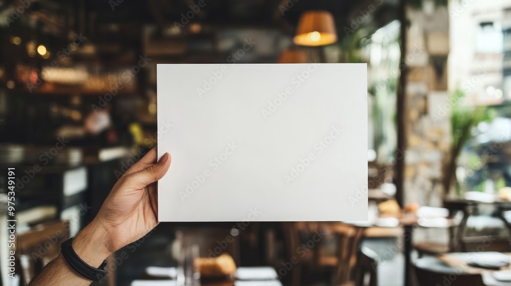 Hand holding blank white paper in a cafe restaurant setting. Hand holding blank white paper in a cafe restaurant setting.