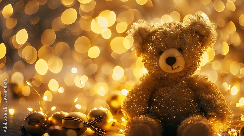 Teddy bear doll in Lighting line bokeh gold bright for Christmas Teddy bear doll in Lighting line bokeh gold bright for Christmas