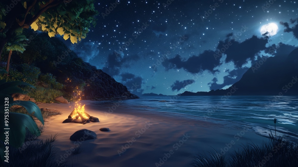 Fototapeta premium Moonlit Serenity Beachside Bonfire under Starry Skies