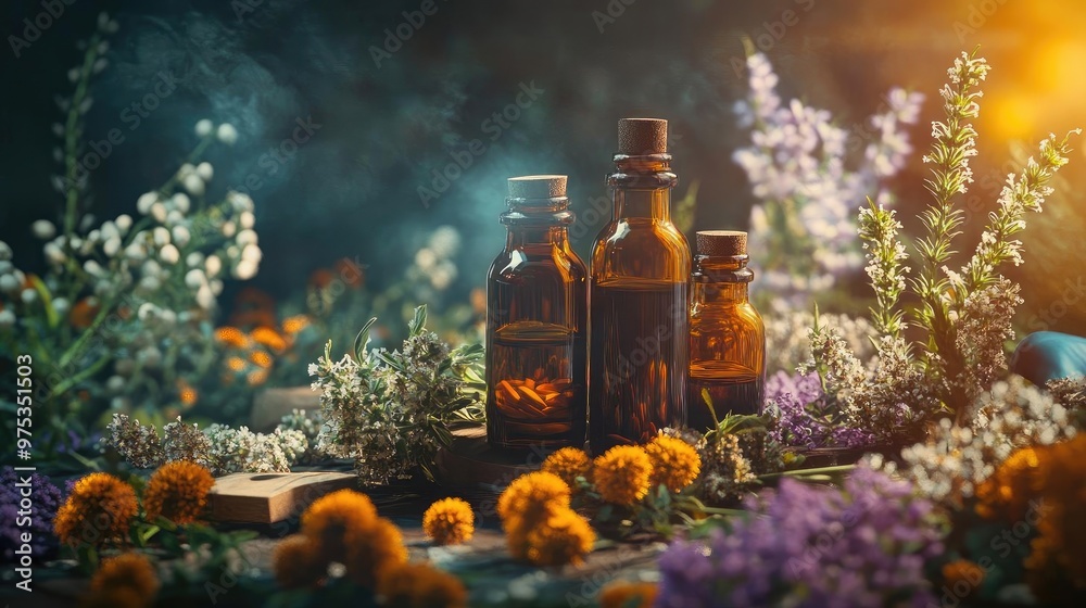 Beautiful arrangement of essential oil bottles surrounded by vibrant flowers and herbs, perfect for wellness and aromatherapy themes. Beautiful arrangement of essential oil bottles surrounded by vibrant flowers and herbs, perfect for wellness and aromatherapy themes.