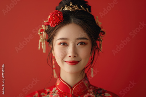 A young Chinese woman, close-up photo of her head with a red background