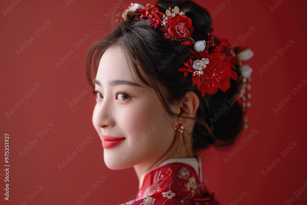 Naklejka premium A young Chinese woman, close-up photo of her head with a red background