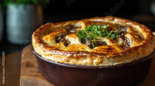 A beautifully baked beef and Guinness pie with a crisp golden crust, showcasing the hearty, savory filling inside.