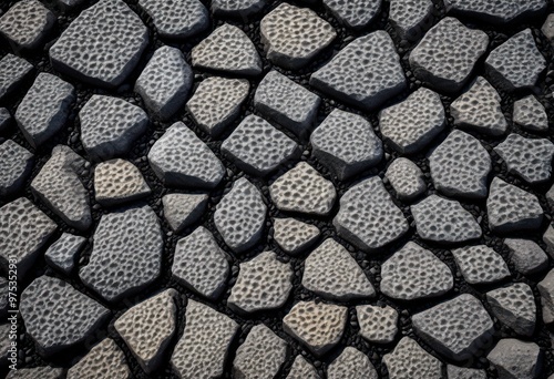 close view textured asphalt surface featuring dramatic zoom highlighting unique patterns details, blacktop, road, pavement, grain, stone, concrete, macro photo