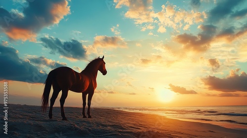 A brown horse stands majestically on a sandy beach, silhouetted against a blue and orange sunset sky filled with clouds.