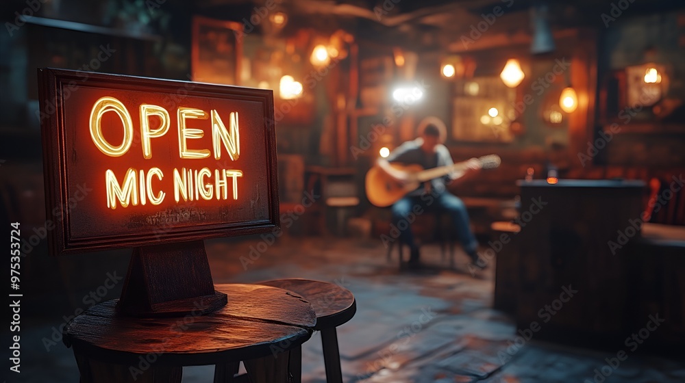 Sign that reads “OPEN MIC NIGHT” - person sitting on a stool and performing in blurred background - bar - club
