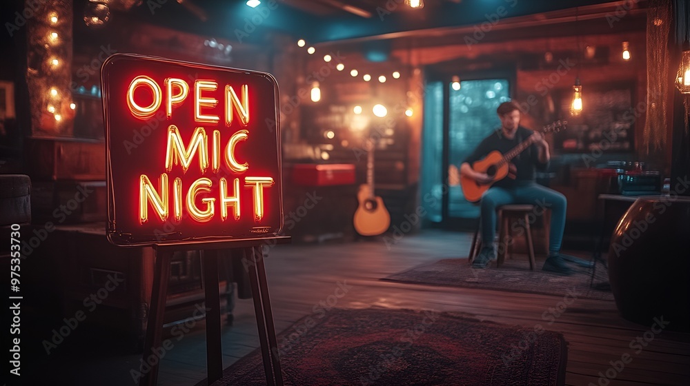 Sign that reads “OPEN MIC NIGHT” - person sitting on a stool and performing in blurred background - bar - club
