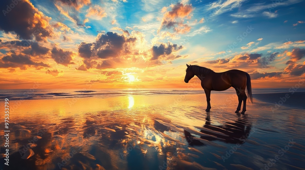 A brown horse stands majestically on a sandy beach, silhouetted against a blue and orange sunset sky filled with clouds. A brown horse stands majestically on a sandy beach, silhouetted against a blue and orange sunset sky filled with clouds.