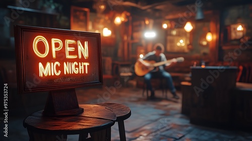 Obraz na płótnie Sign that reads “OPEN MIC NIGHT” - person sitting on a stool and performing in blurred background - bar - club w salonie
