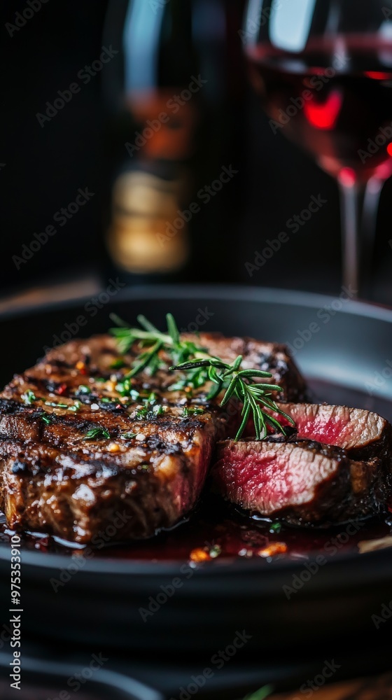Mouthwatering Steak Dish with Red Wine in Elegant Dinner Setting Mouthwatering Steak Dish with Red Wine in Elegant Dinner Setting