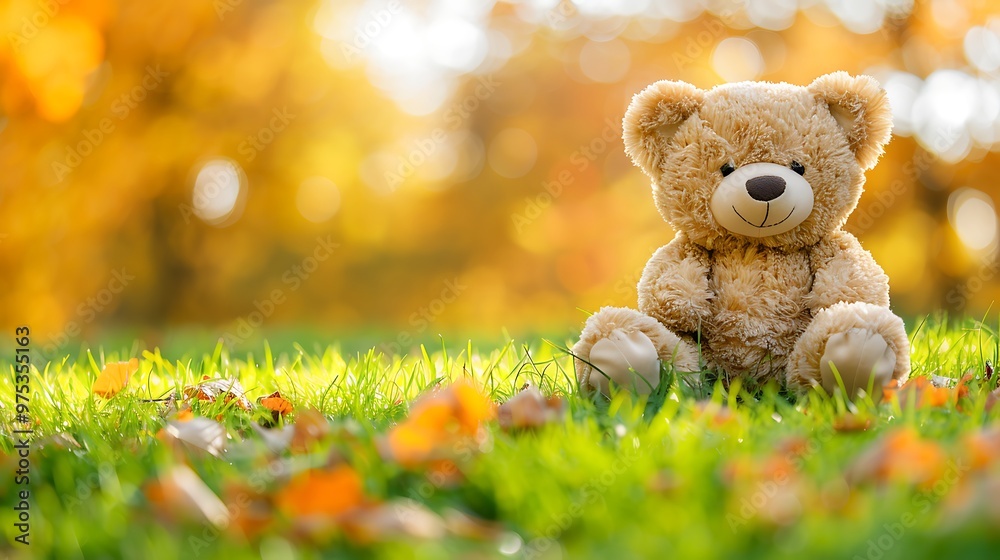 teddy bear sitting on grass field in beautiful day autumn season teddy bear sitting on grass field in beautiful day autumn season