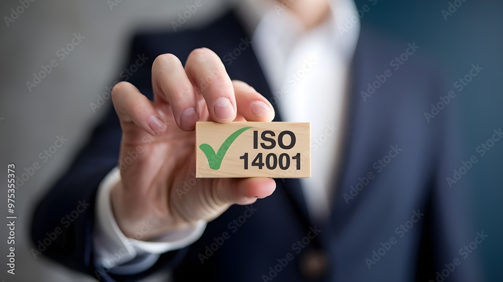 A businessman holding a small wooden block with a green checkmark and 'ISO 14001' written on it. ISO 14001 certified, iso 14001 environmental management system A businessman holding a small wooden block with a green checkmark and 'ISO 14001' written on it. ISO 14001 certified, iso 14001 environmental management system