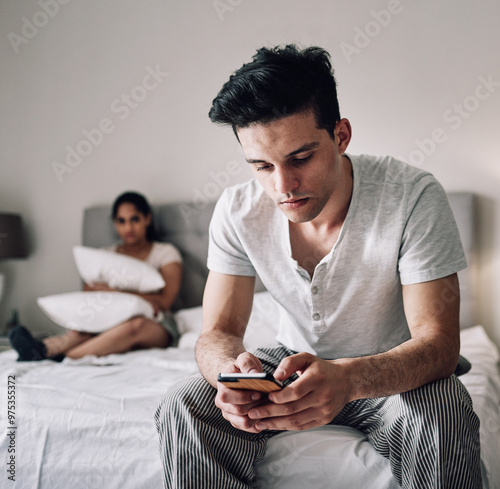 Quadro em tela Couple, man and cheating with phone on bed for toxic relationship, infidelity and sneaky text message