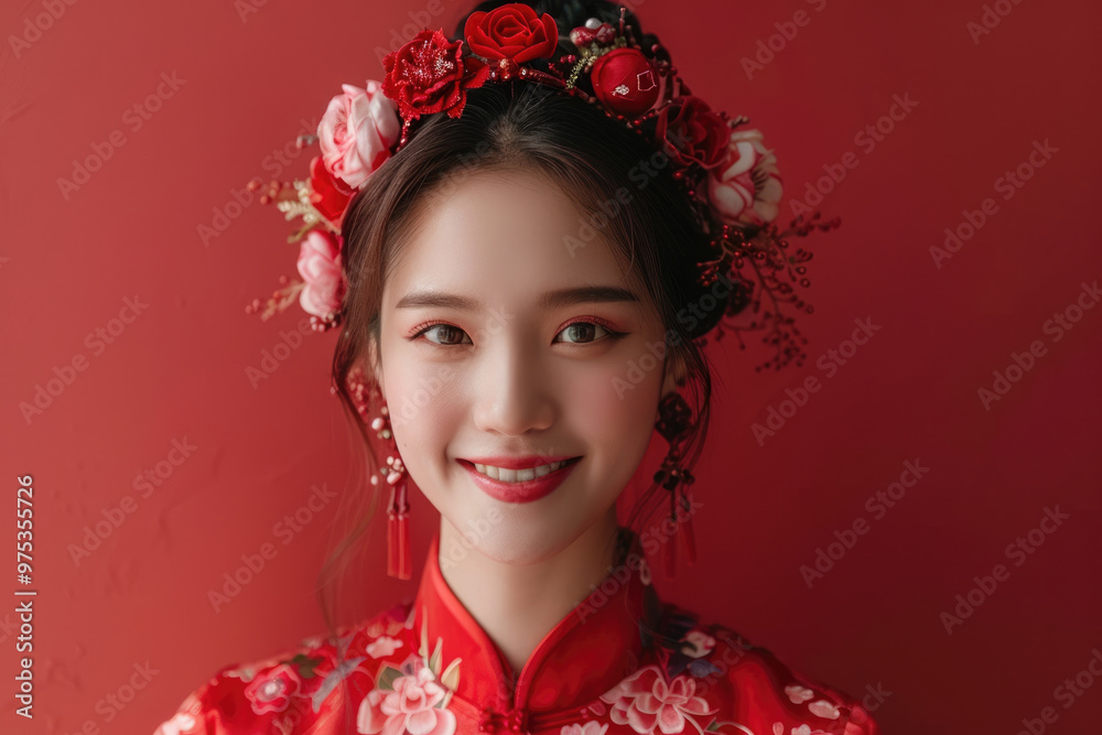 A young Chinese woman, close-up photo of her head with a red background A young Chinese woman, close-up photo of her head with a red background