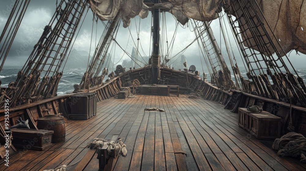 Naklejka premium A deserted pirate ship deck with wooden planks, sails, and rigging, set against a moody sky backdrop for a theater stage scene.
