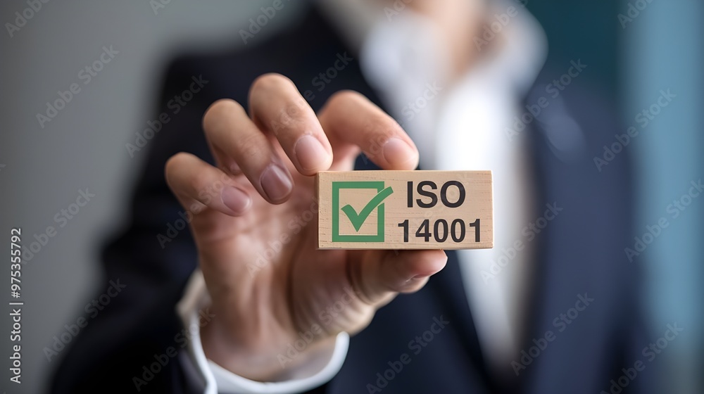 A businessman holding a small wooden block with a green checkmark and 'ISO 14001' written on it. ISO 14001 certified, iso 14001 environmental management system A businessman holding a small wooden block with a green checkmark and 'ISO 14001' written on it. ISO 14001 certified, iso 14001 environmental management system