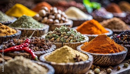 Fototapeta Naklejka Na Ścianę i Meble -  Exotic spice markets with depth of field featuring an array of spices and rich textures