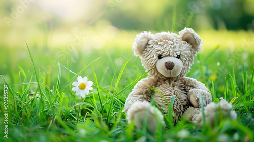 teddy bear sitting on the yard at the park with the white flower and green grasses