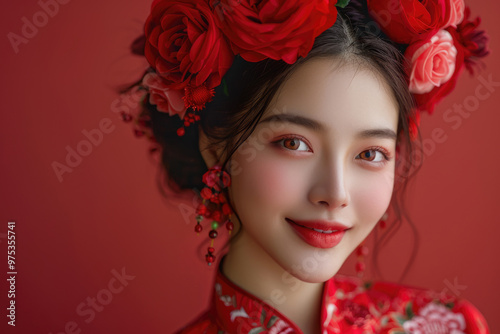 A young Chinese woman, close-up photo of her head with a red background