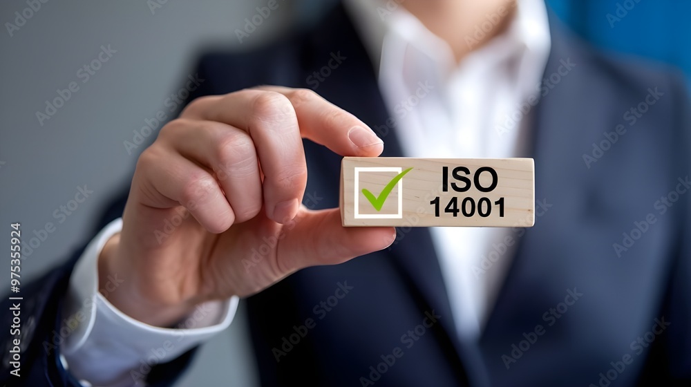 A businessman holding a small wooden block with a green checkmark and 'ISO 14001' written on it. ISO 14001 certified, iso 14001 environmental management system