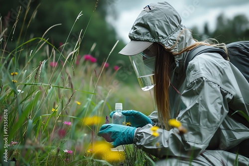 Person collecting samples in a field for ecological research, natural setting, midshot photo