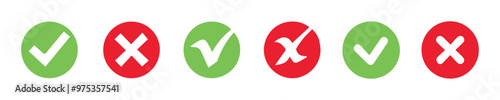 check mark icon button set. check box icon with right and wrong buttons and yes or no checkmark icons in green tick box and red cross vector.