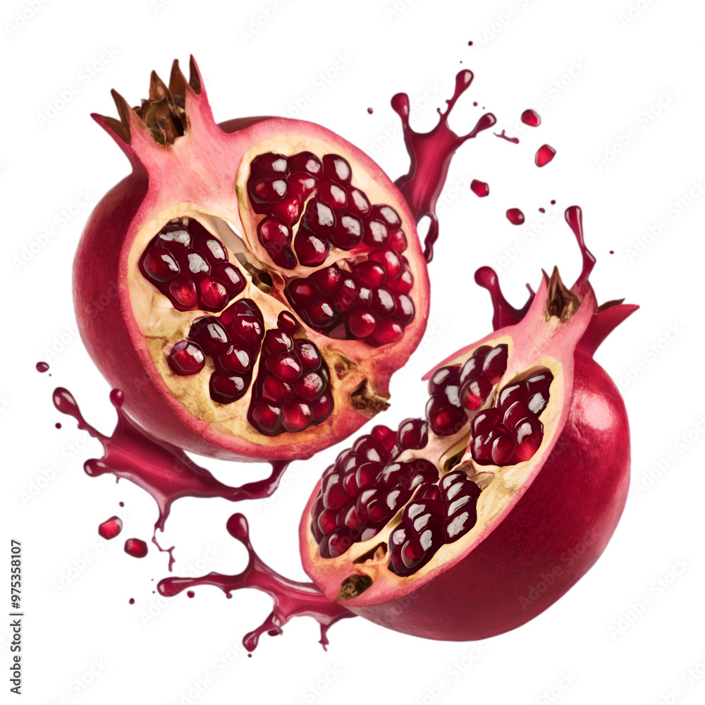 Levitating Pomegranate Halves with Juice Splashes on White Background Levitating Pomegranate Halves with Juice Splashes on White Background