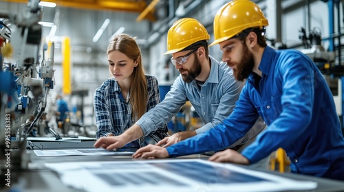 Team of engineers collaborating on project in industrial factory setting