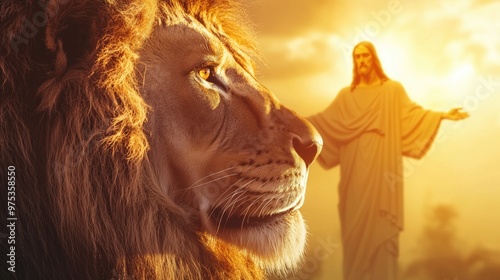 Majestic lion with a serene sunset and a Christ figure in the background photo