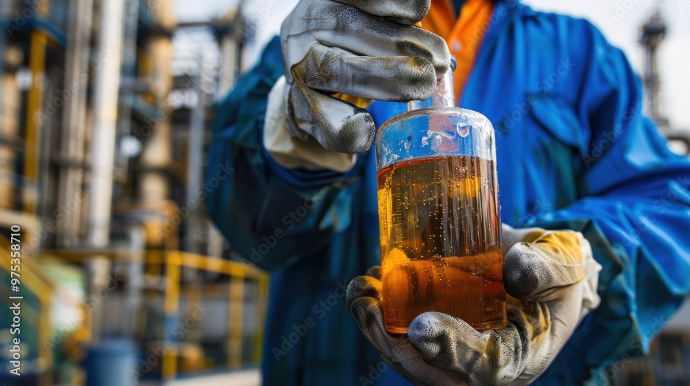 Highlight the gloved hands of a worker holding a bottle with a yellow crude oil sample inside against the backdrop of a refinery. Highlight the gloved hands of a worker holding a bottle with a yellow crude oil sample inside against the backdrop of a refinery.