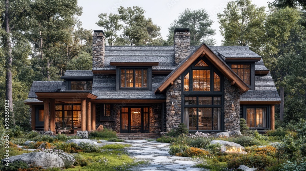 Elegant stone and wood house in a serene forest setting. Elegant stone and wood house in a serene forest setting.