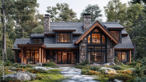Elegant stone and wood house in a serene forest setting.