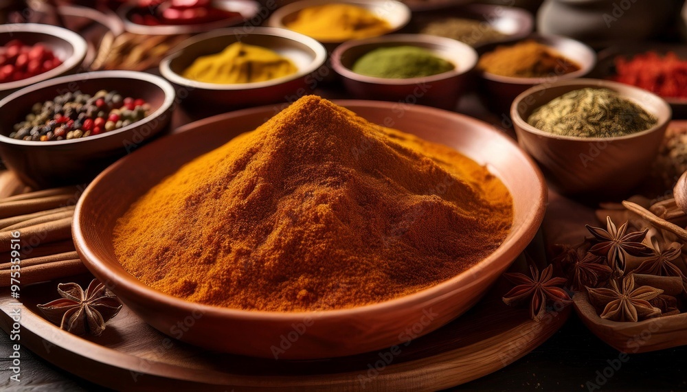 Spice-infused dishes with depth of field showcasing vibrant flavors and bold spices Spice-infused dishes with depth of field showcasing vibrant flavors and bold spices