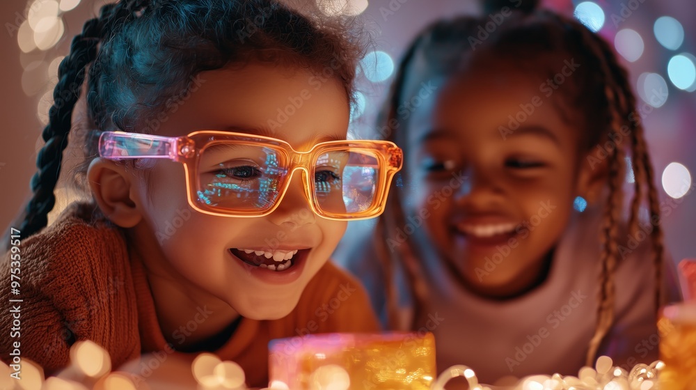 Obraz premium Two diverse happy children playing with glowing toys and lights