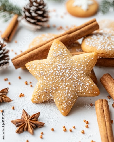 Star-shaped holiday cookies with powdered sugar on festive background