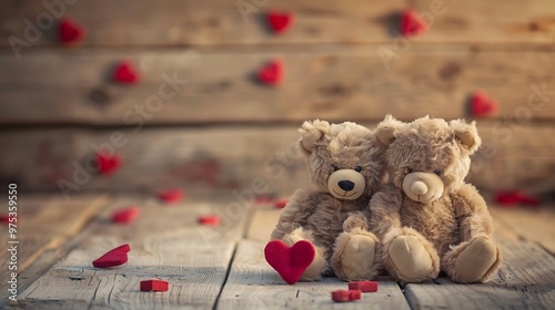 Teddy bears sitting on thewood floor with love concept about love and relationship photo