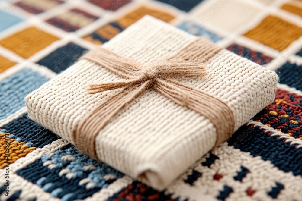 Handmade woven gift wrapped in rustic twine on colorful patterned textile Handmade woven gift wrapped in rustic twine on colorful patterned textile